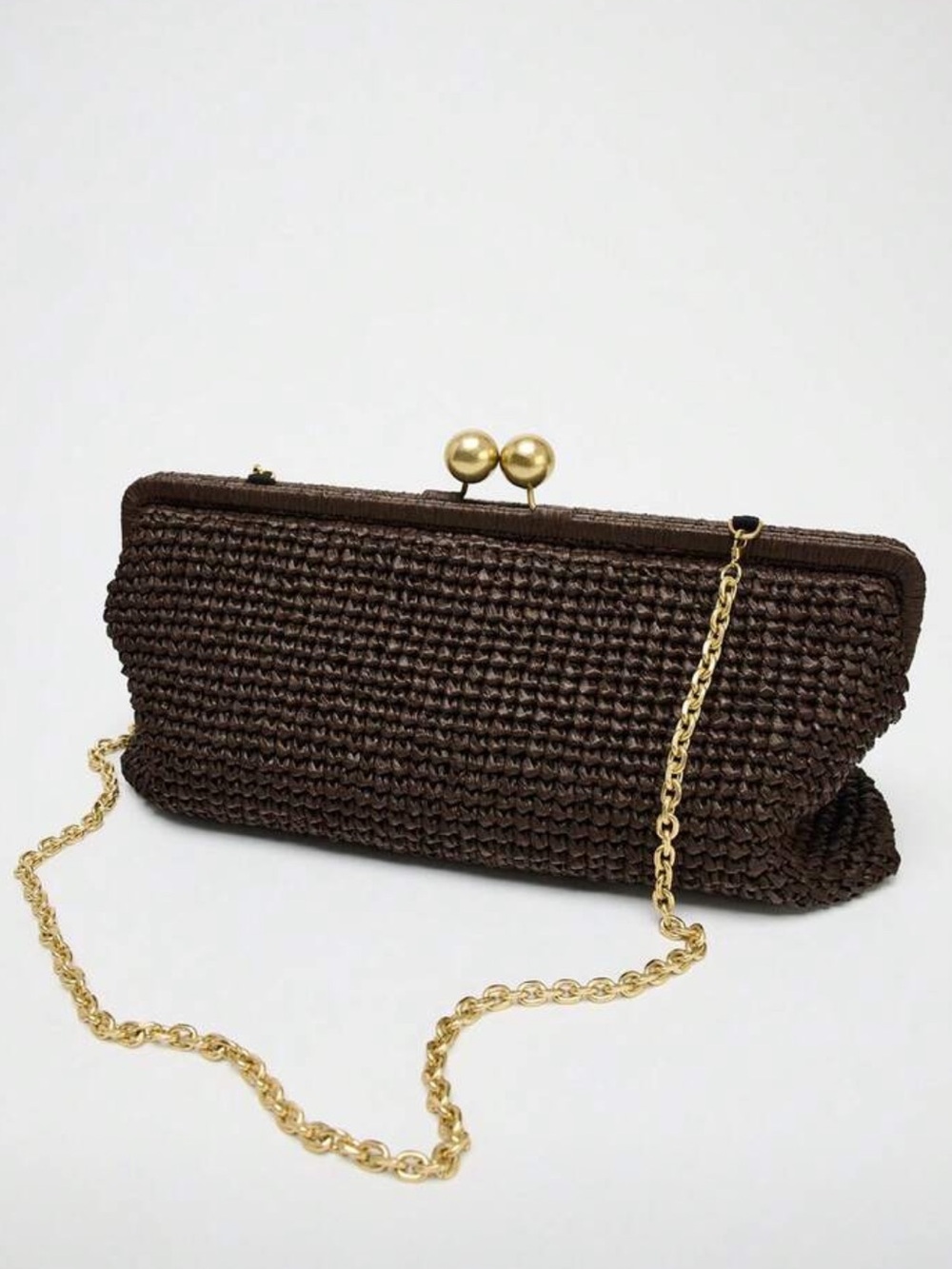 Woven Kiss-Lock Chain Clutch Bag in Dark Brown - Picture 5 of 7